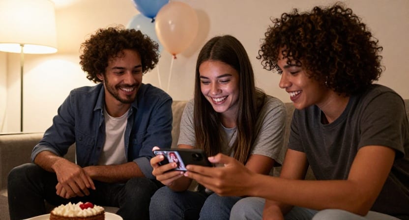 Three friends on a sofa laugh while looking at photos on one phone after a birthday celebration.