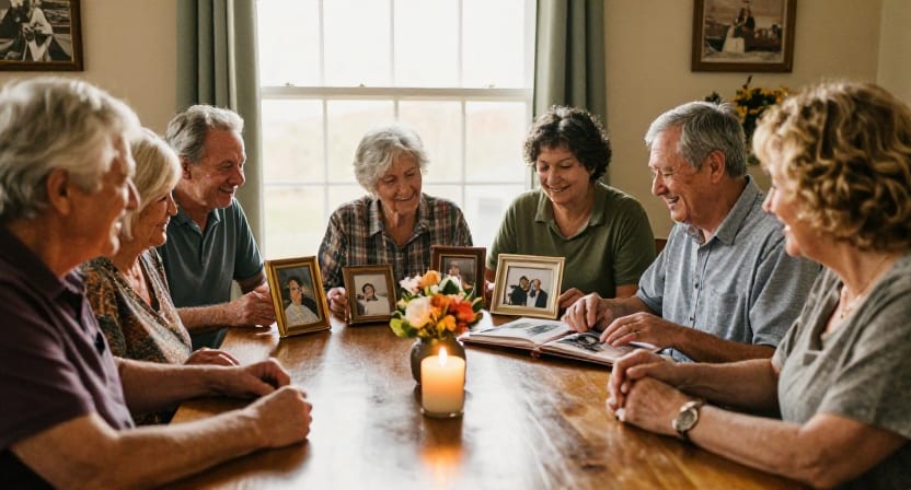 A family gathered around a table with framed photographs, a photo album, flowers, and a lit candle.