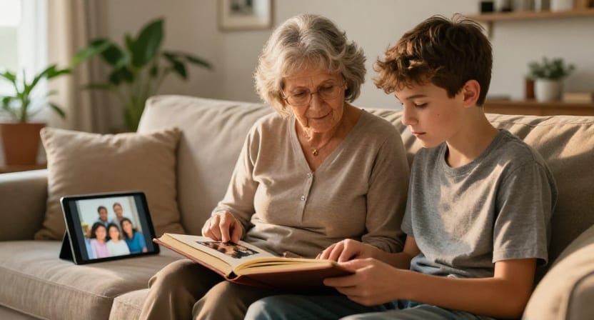 A grandmother and her grandson look through a printed photo album together on a sofa.