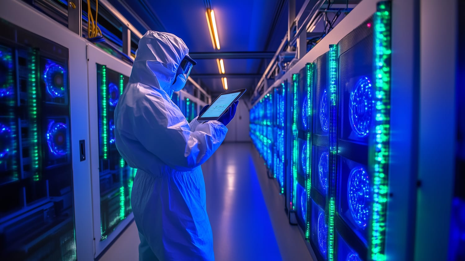A technician monitoring systems in a data center, representing digital account and infrastructure security.