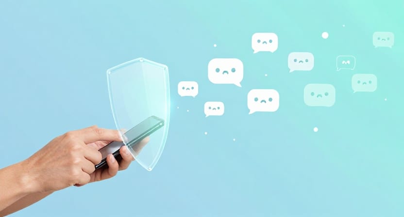 A hand holding a phone protected by a translucent shield that deflects incoming message bubbles.
