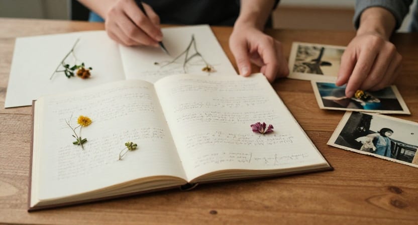 An open memory book with handwritten notes, pressed flowers, and old photographs on a wooden table.